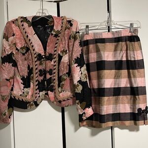 Vintage Susan Clark Floral Silk Blazer & Skirt Set- Pink and Black